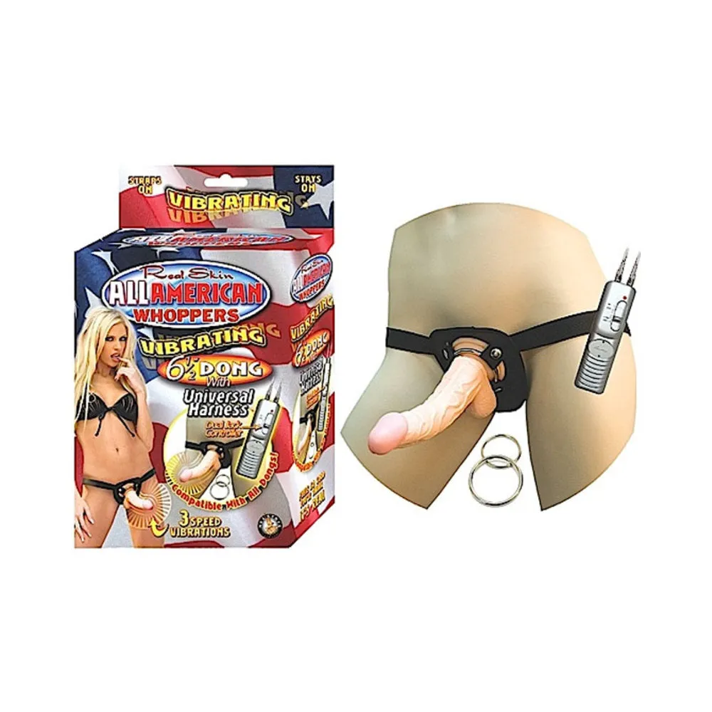 All American Whoppersvibrating 6.5-Inch Dong With Universasl Harness - Flesh