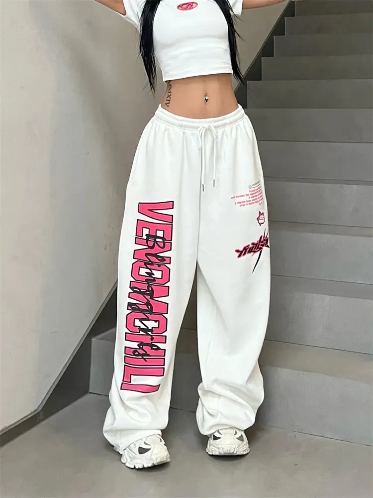 Getadme Deeptown Korean Y2K White Sweatpants Women Streetwear Kpop Letter Print Sports Pants Oversized Hip Hop Wide Leg Jogging Trousers