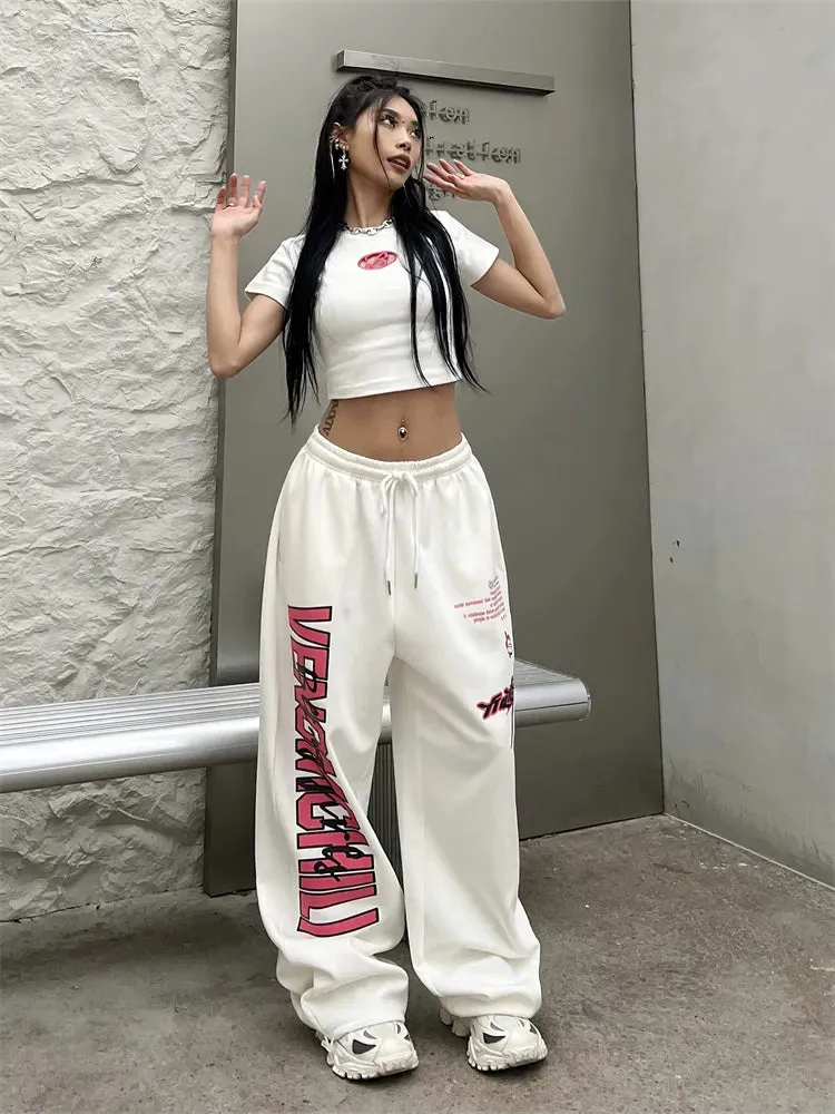 Getadme Deeptown Korean Y2K White Sweatpants Women Streetwear Kpop Letter Print Sports Pants Oversized Hip Hop Wide Leg Jogging Trousers