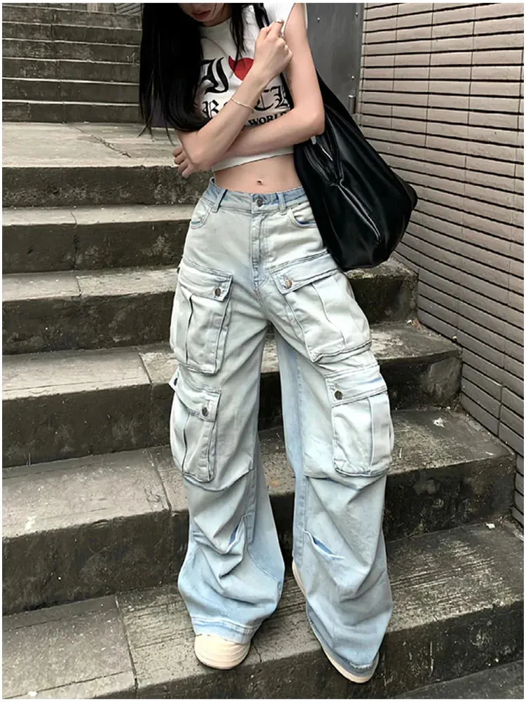 Leg Streetwear Waist Blue Y2K American Hop Hip Wide Fashion High Winter Jeans