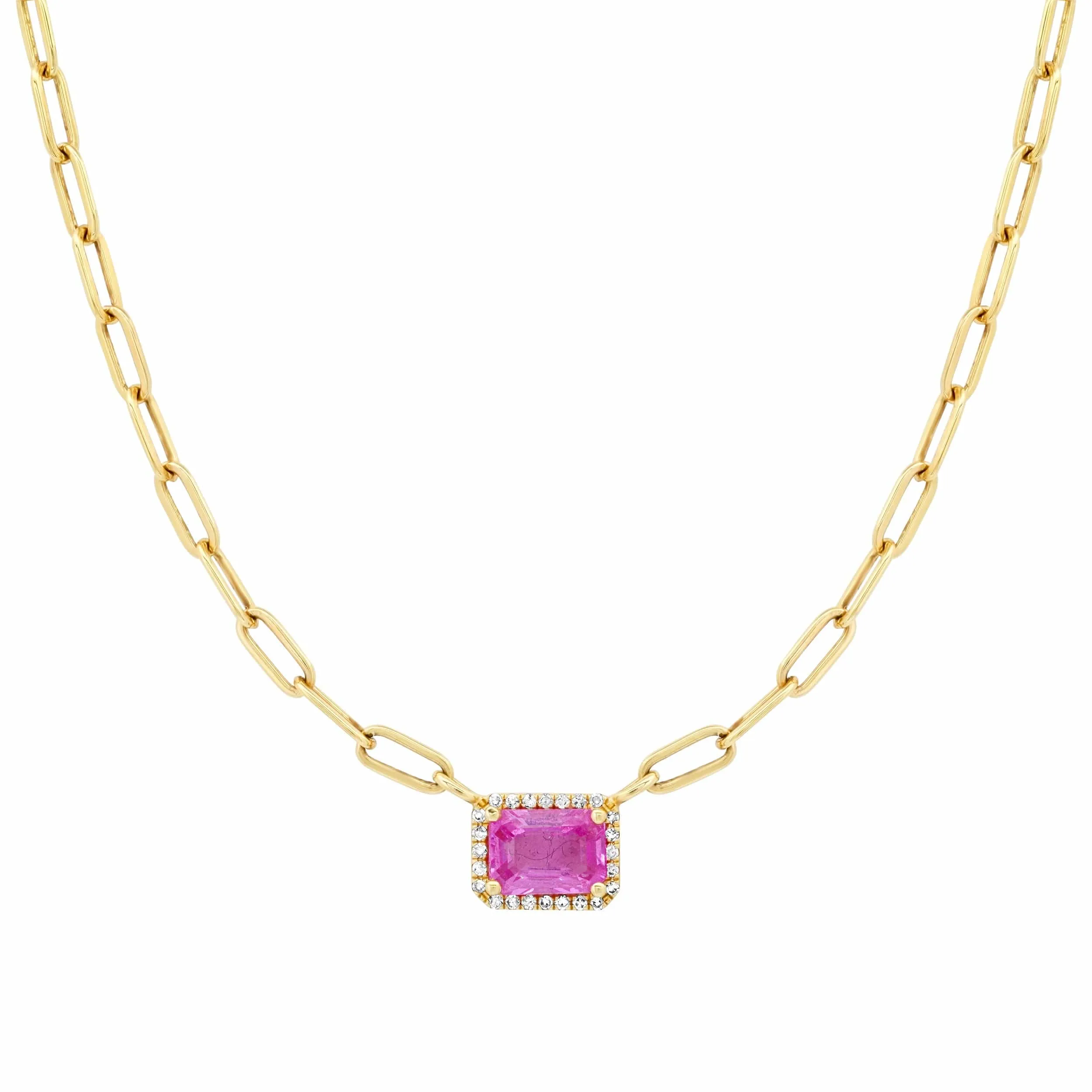 Pink Sapphire and Diamond Paper Clips Chain Necklace