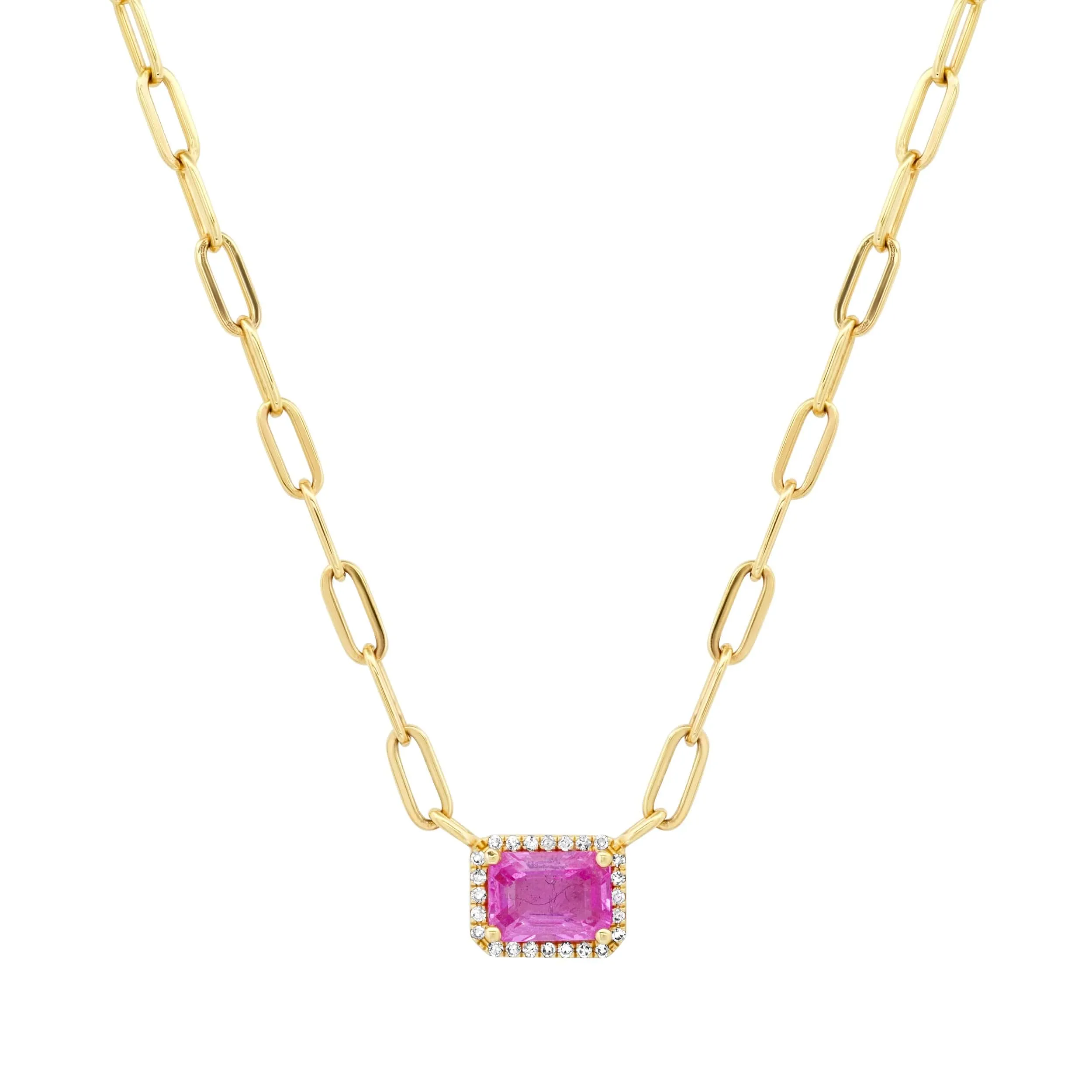 Pink Sapphire and Diamond Paper Clips Chain Necklace