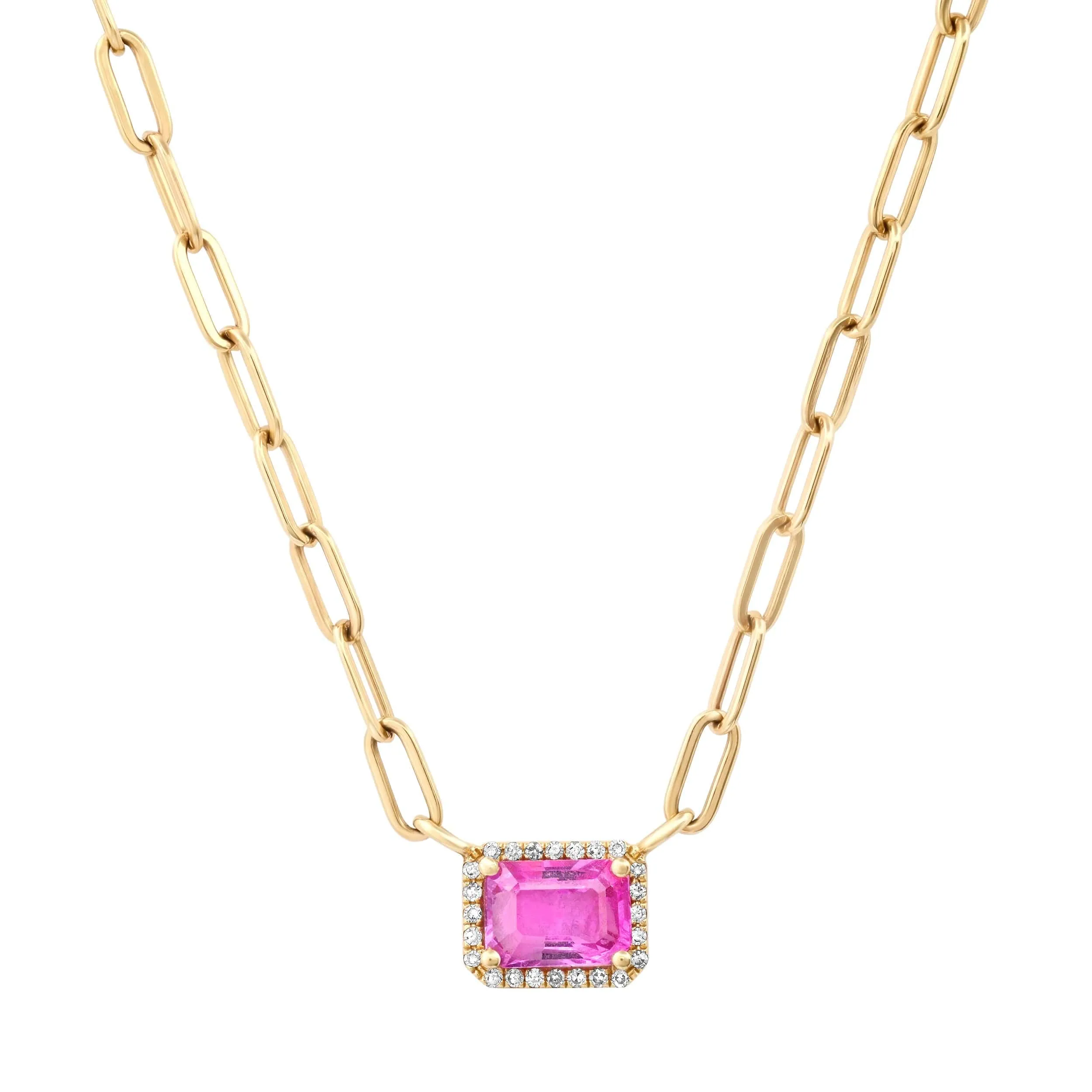 Pink Sapphire and Diamond Paper Clips Chain Necklace