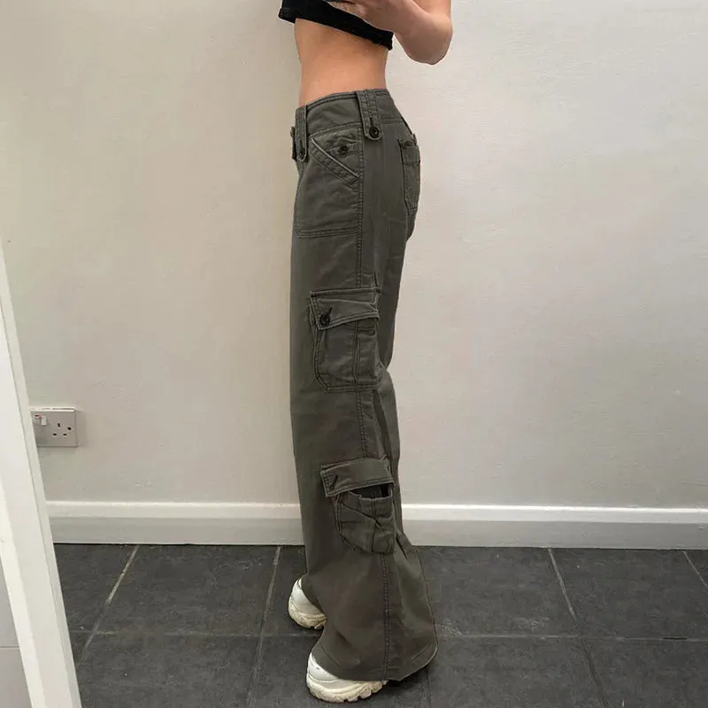 Summer Low-rise Double-breasted Cargo Denim Pants with Multiple Pockets