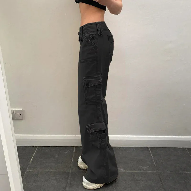 Summer Low-rise Double-breasted Cargo Denim Pants with Multiple Pockets